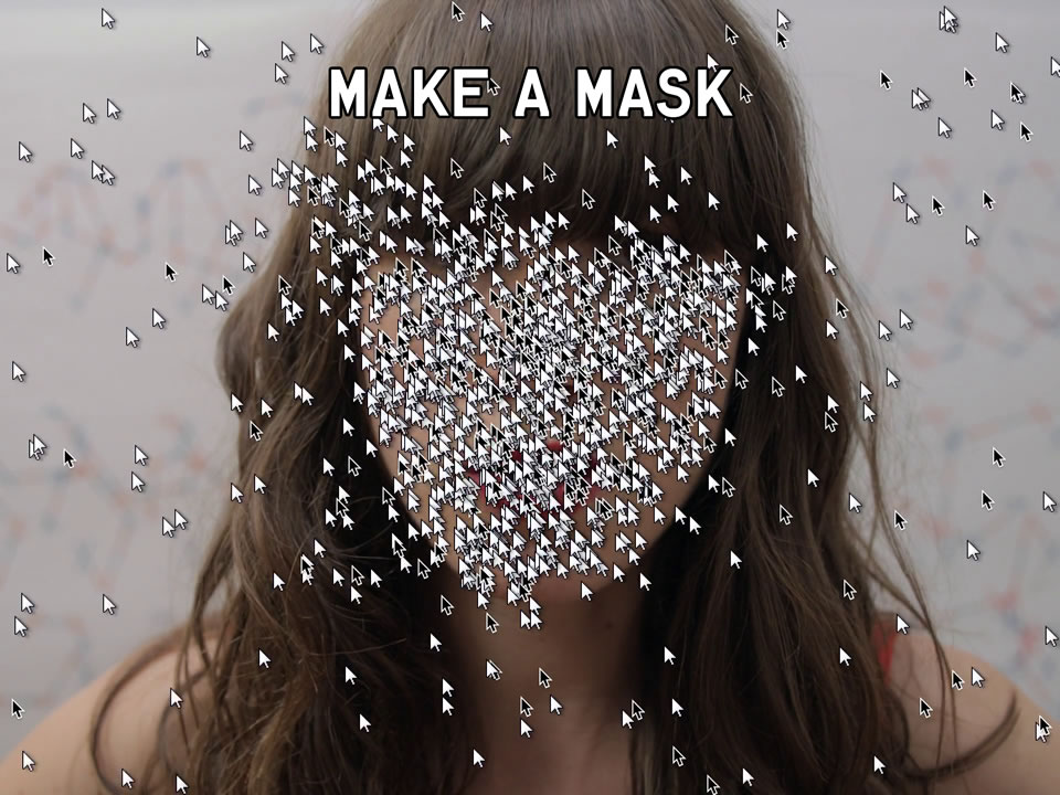 Cara de una mujer con flequillo cubierta de docenas de cursores, un texto dice  “Hacé una máscara”