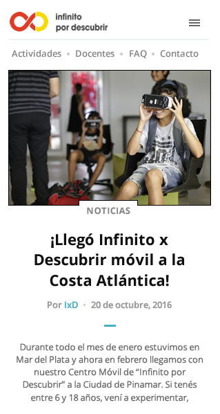 Screenshot of an Infinito por descubrir news article, picture of kids using VR glasses